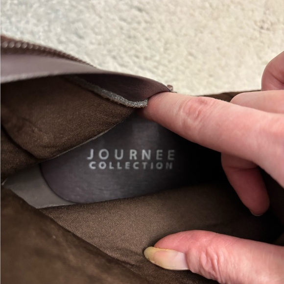 Journee Collection faux suede brown jester boots w/oversized gold/brass buckles - Picture 4 of 11